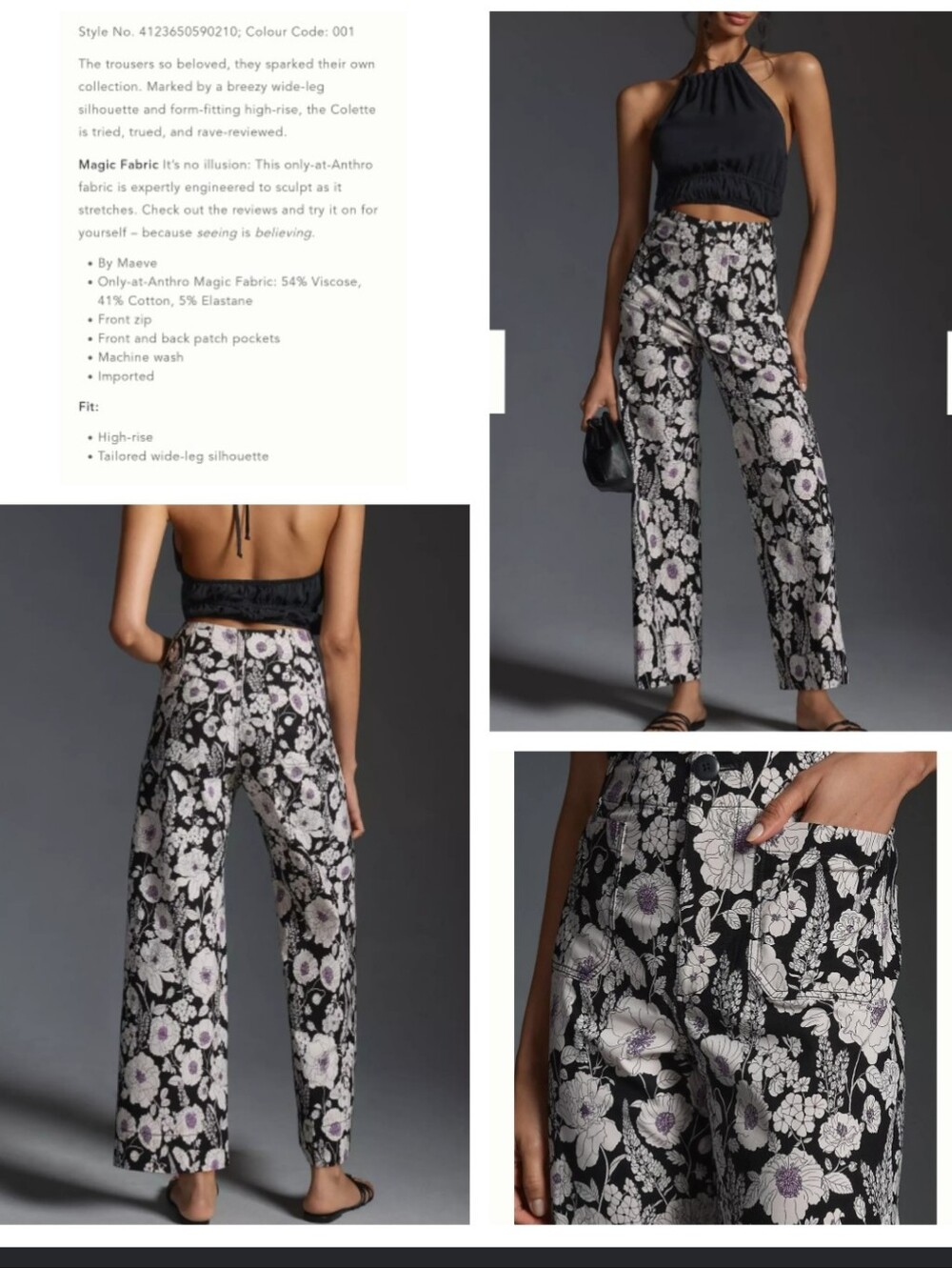 NWOT Maeve Anthroplogie The Colette Wide-Leg Cropped Pant Black Floral - Picture 15 of 15